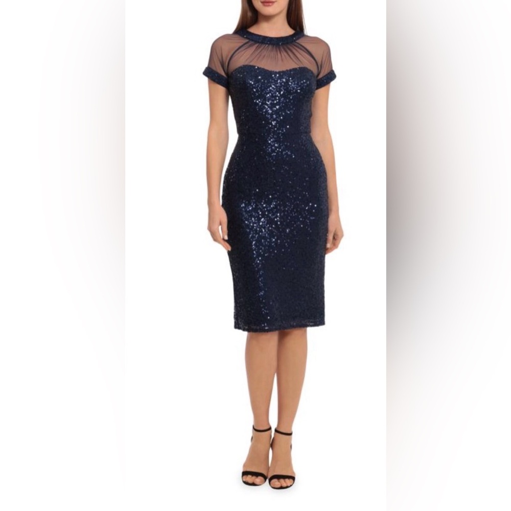 MAGGY LONDON
Sequin Illusion Neckline Midi Sheath Dress navy blue Sz 8